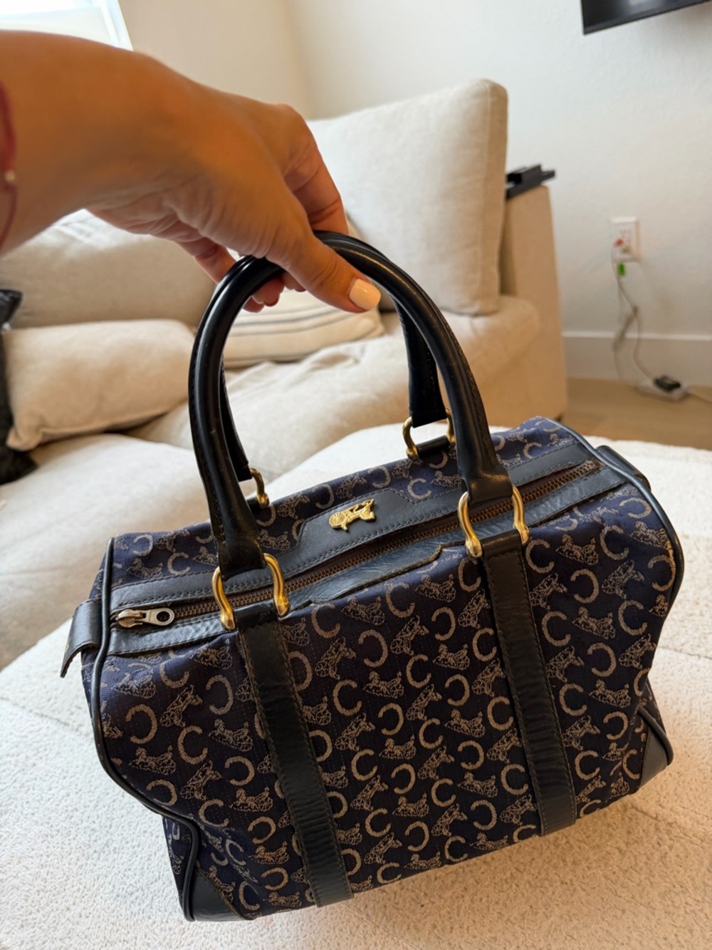Celine Navy Monogram Satchel with Blue Leather, blue monogram & Gold Hardware